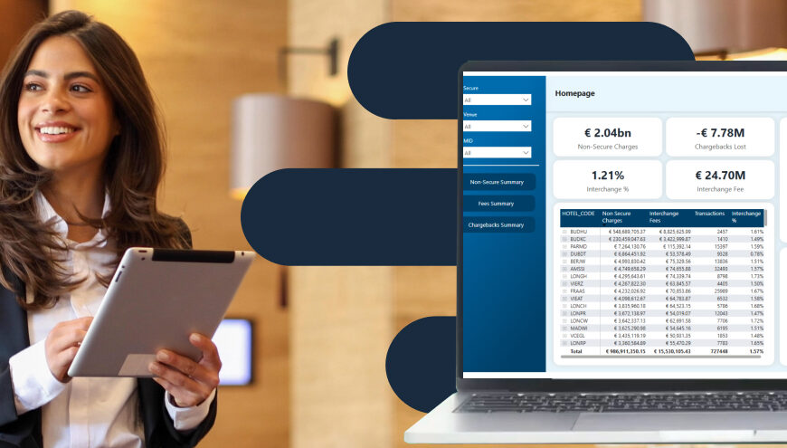 Hotel Manager holding a tablet, viewing Evention's total recon enterprise solution