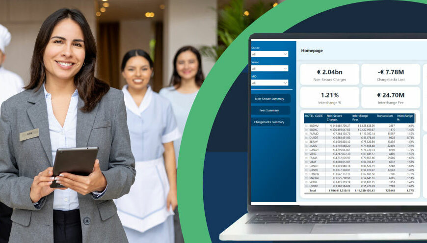A group of hospitality workers and a computer displaying Evention's Total Recon Enterprise solution.