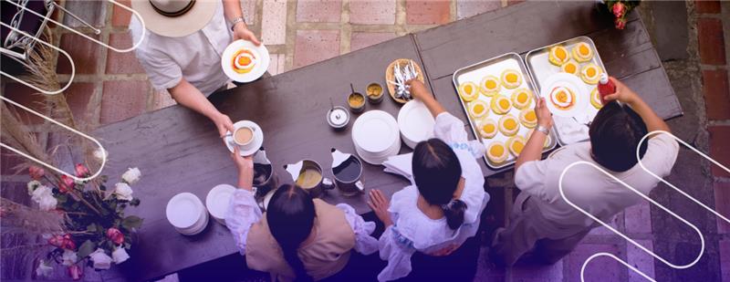Chefs and servers cooking and serving coffee and baked goods